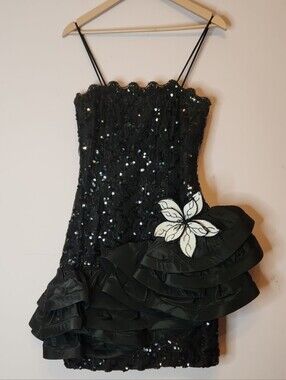 VTG JULIE DUROCHE Sequin Ruffled Party Dress with Floral Accent, 8